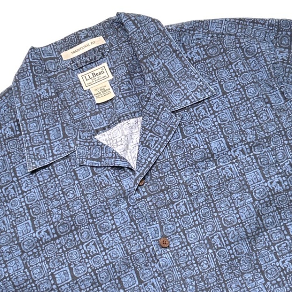 LL Bean Mens Traditional Fit Mayan Glyph Print Button Down Shirt Size L Blue